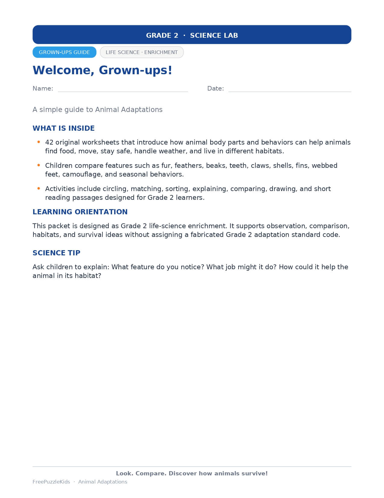 Animal Adaptations – Grade 2 – worksheet preview page 1